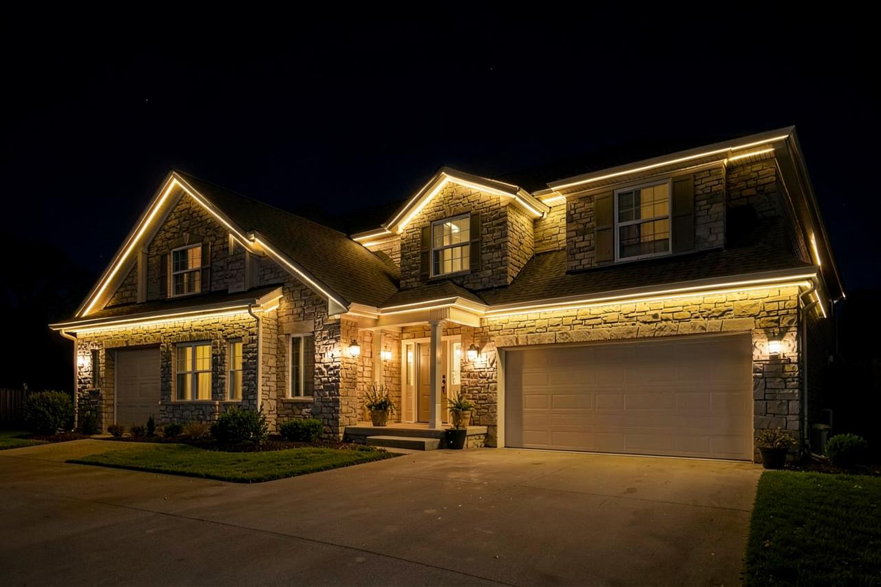 The same home at night with warm white LED lighting tracing every roofline