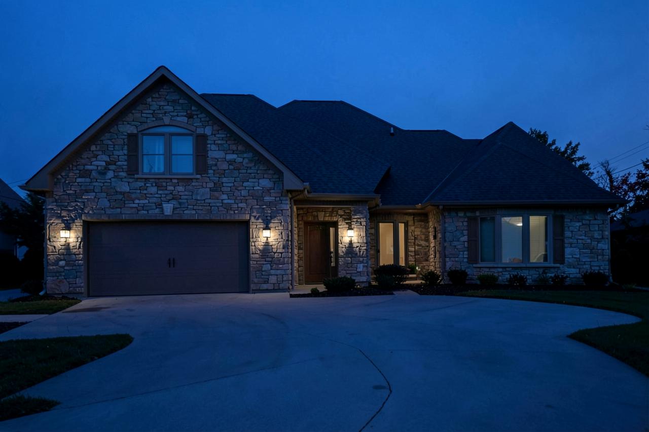 Stone-front home at dusk with no roofline lighting installed