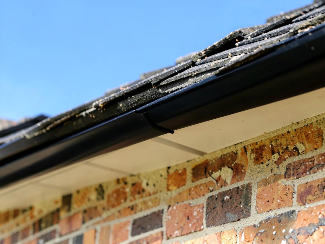 Close view of the slim black LED channel installed tight under a roof edge in daylight