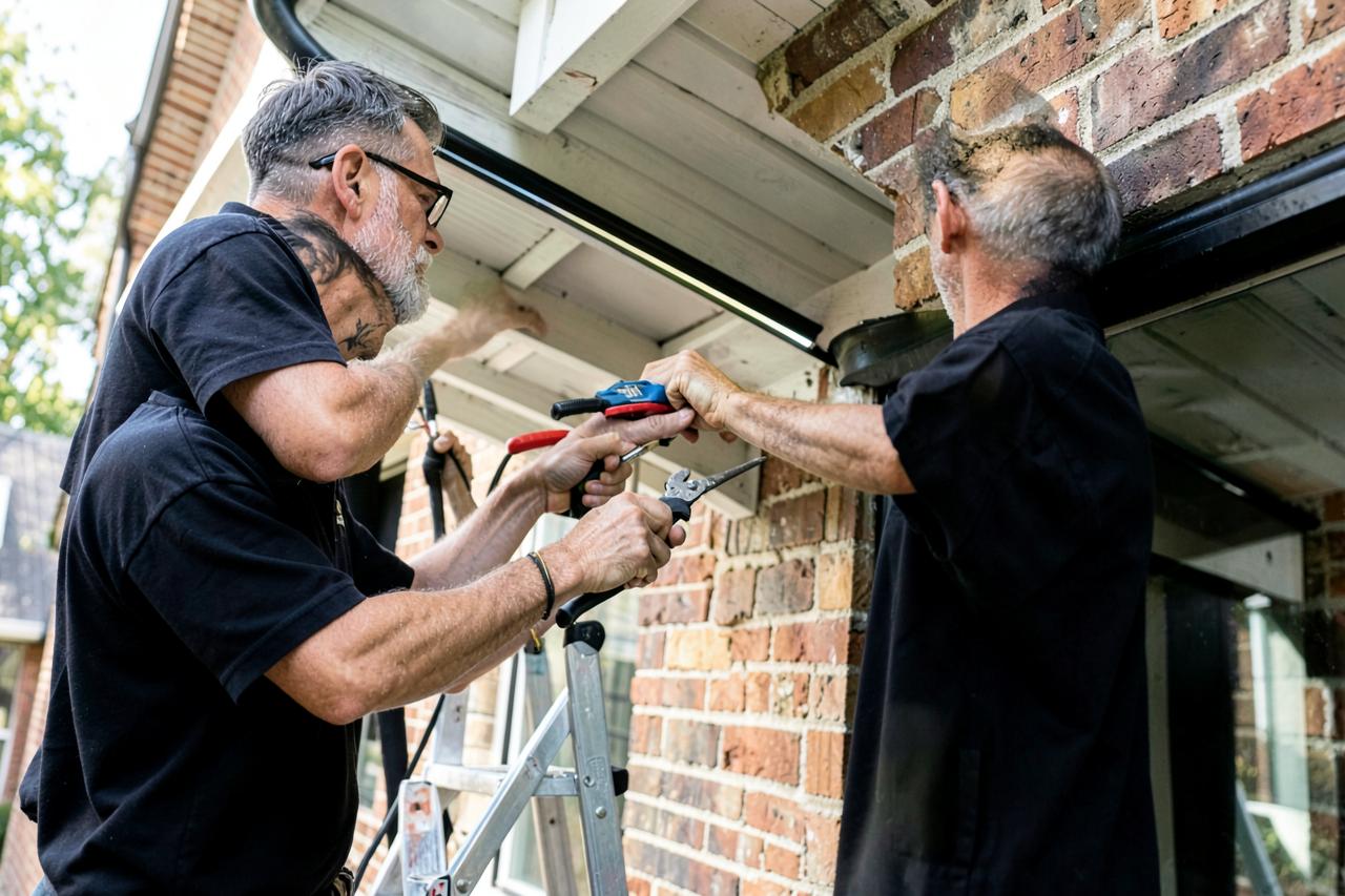 Two installers fitting an LED channel along the fascia of a brick home