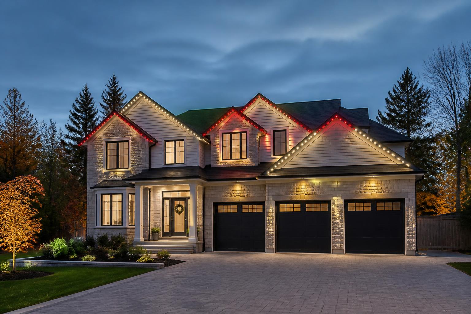 Wide Ontario home with tasteful red and warm white holiday roofline lights
