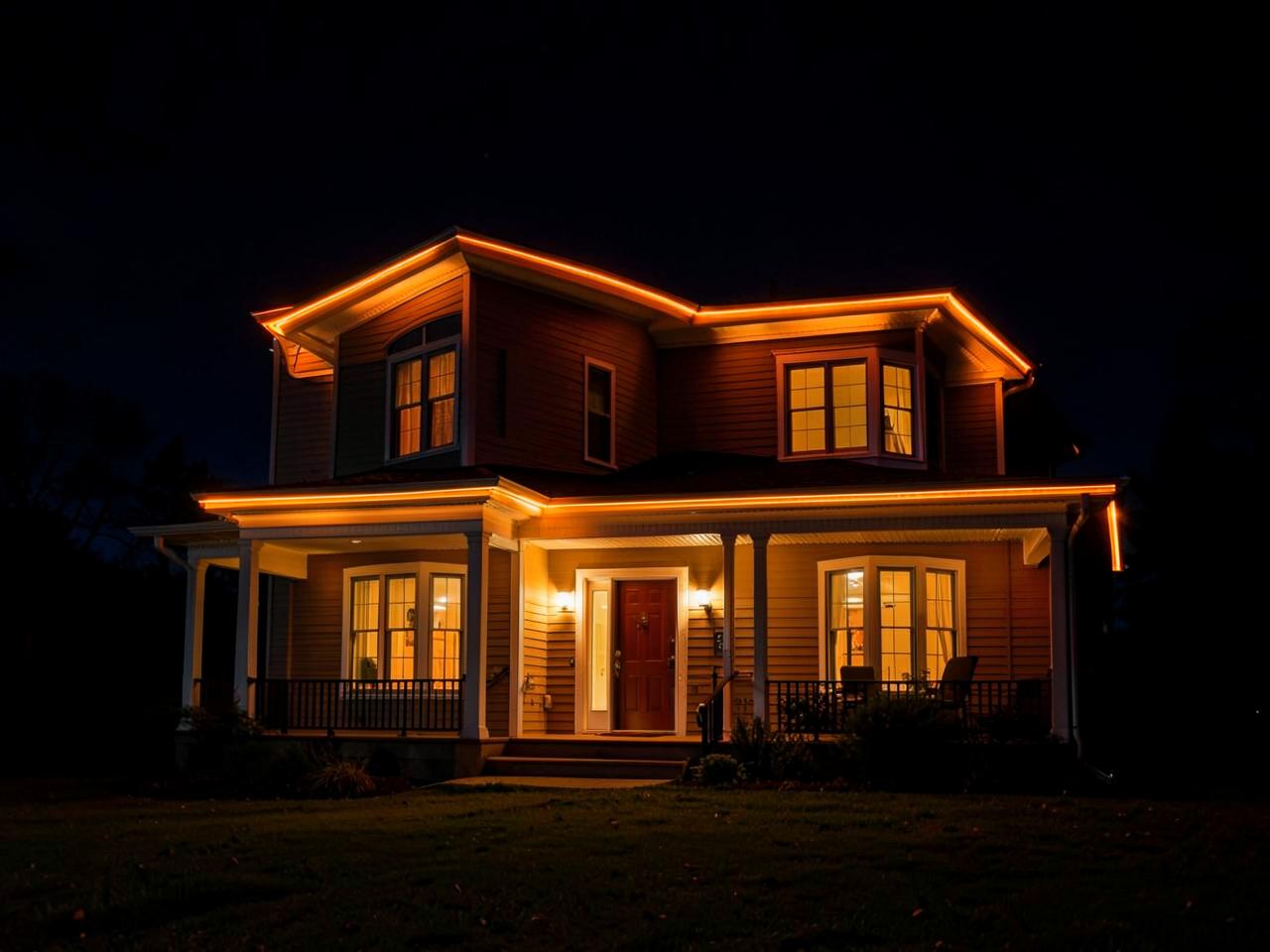 Two-storey home with warm amber LED lighting along the roofline and front porch
