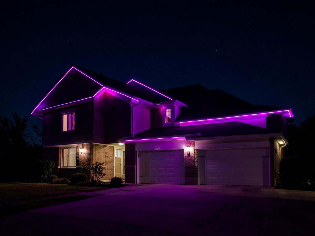 Suburban home with magenta and purple LED lighting along the rooflines and garage