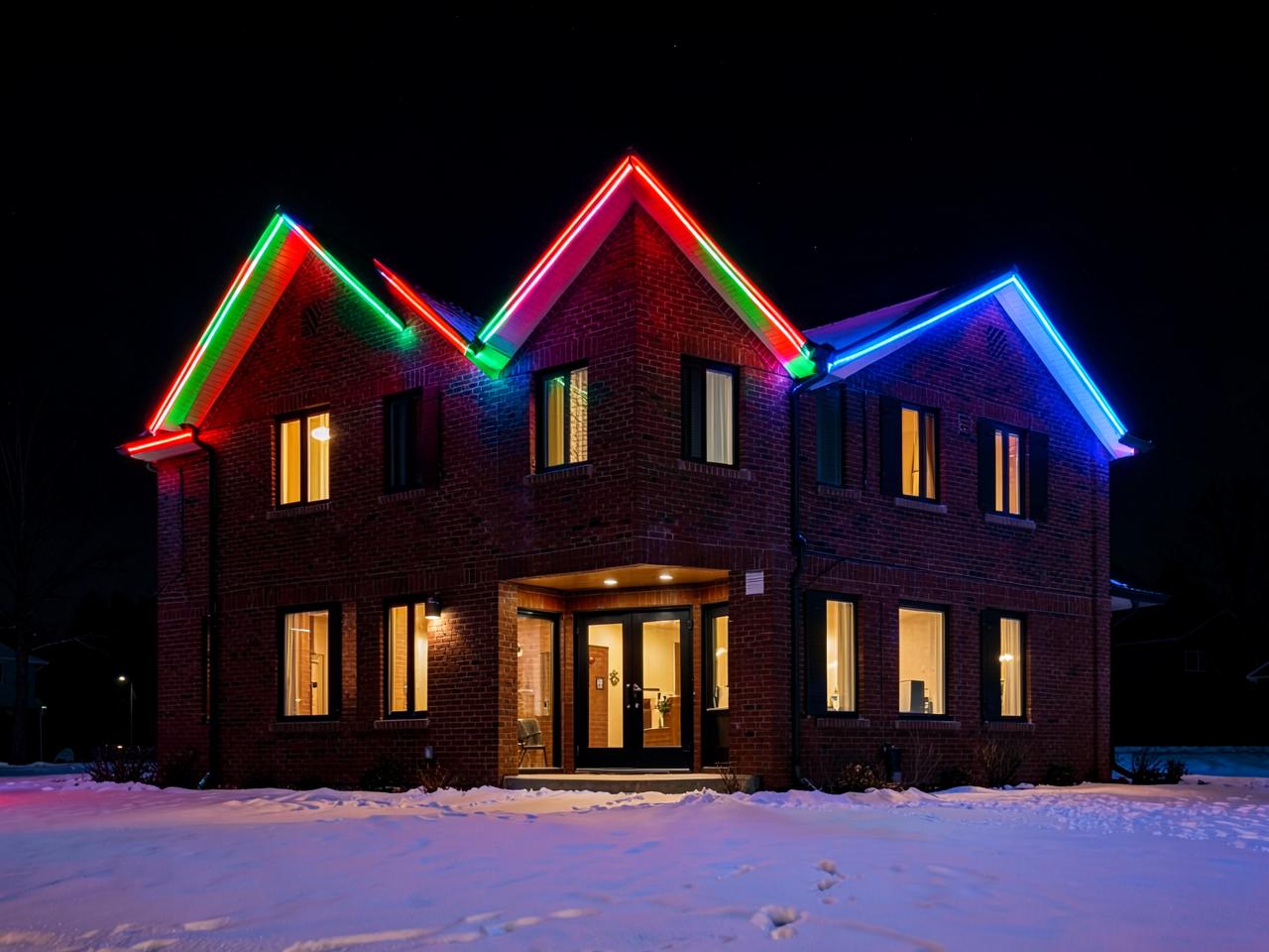 Brick two-storey home with colourful LED roofline lighting on a snowy night